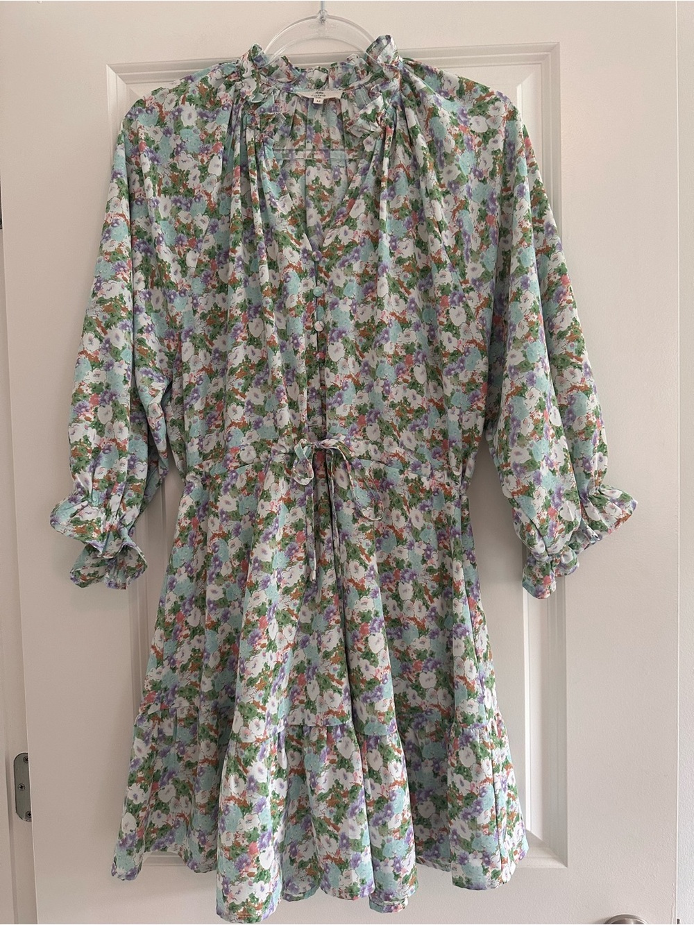 Entro Floral Mini Dress Tie Waist Ruffle Hem Long Sleeve Boho Size Medium